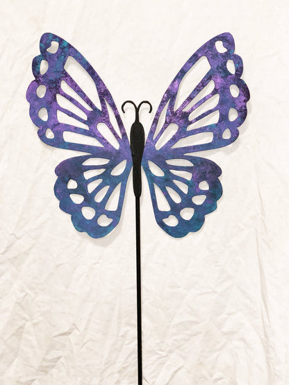 Butterfly Garden Stake Rustica Ornamentals, purple-blue metal butterfly with cutout wings on Tampa Home & Garden Store