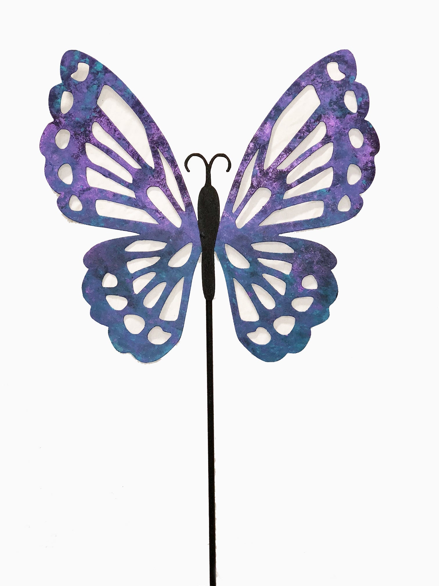 Butterfly garden stake Rustica Ornamentals, purple-blue gradient wings with cutouts on a metal stake on Tampa Home & Garden Store