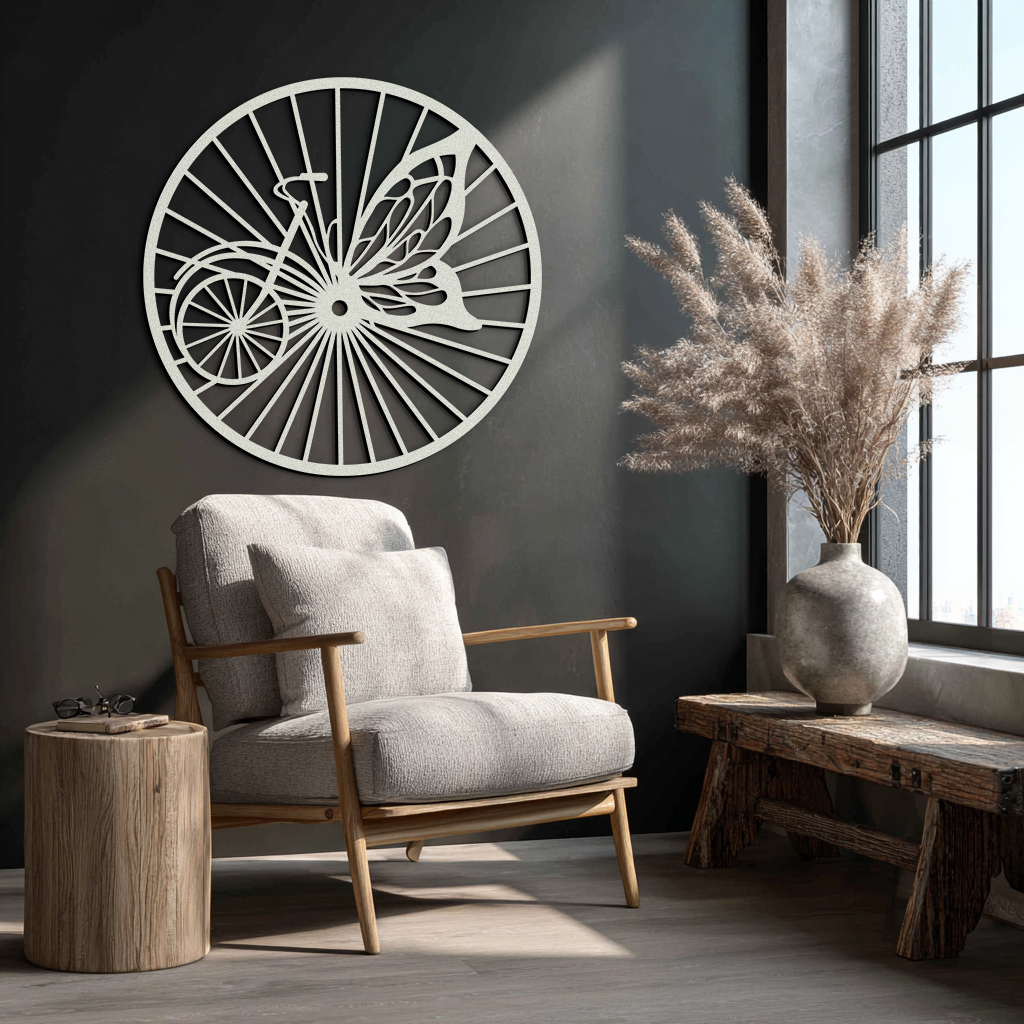 Butterfly Wheel Bicycle Silhouette Metal Wall Art - Elegant Round Nature-Inspired Decor- KAF323 - Tampa Home & Garden Store