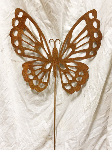 Butterfly garden stake Rustica Ornamentals, rusted metal filigree butterfly with yard stake on Tampa Home & Garden Store