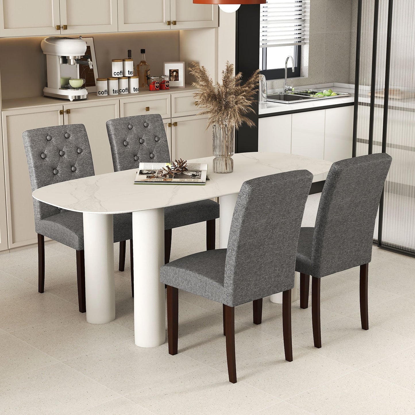 Button Tufted Fabric Upholstered Wooden Dining Chair Set of 2 with High Curved Back