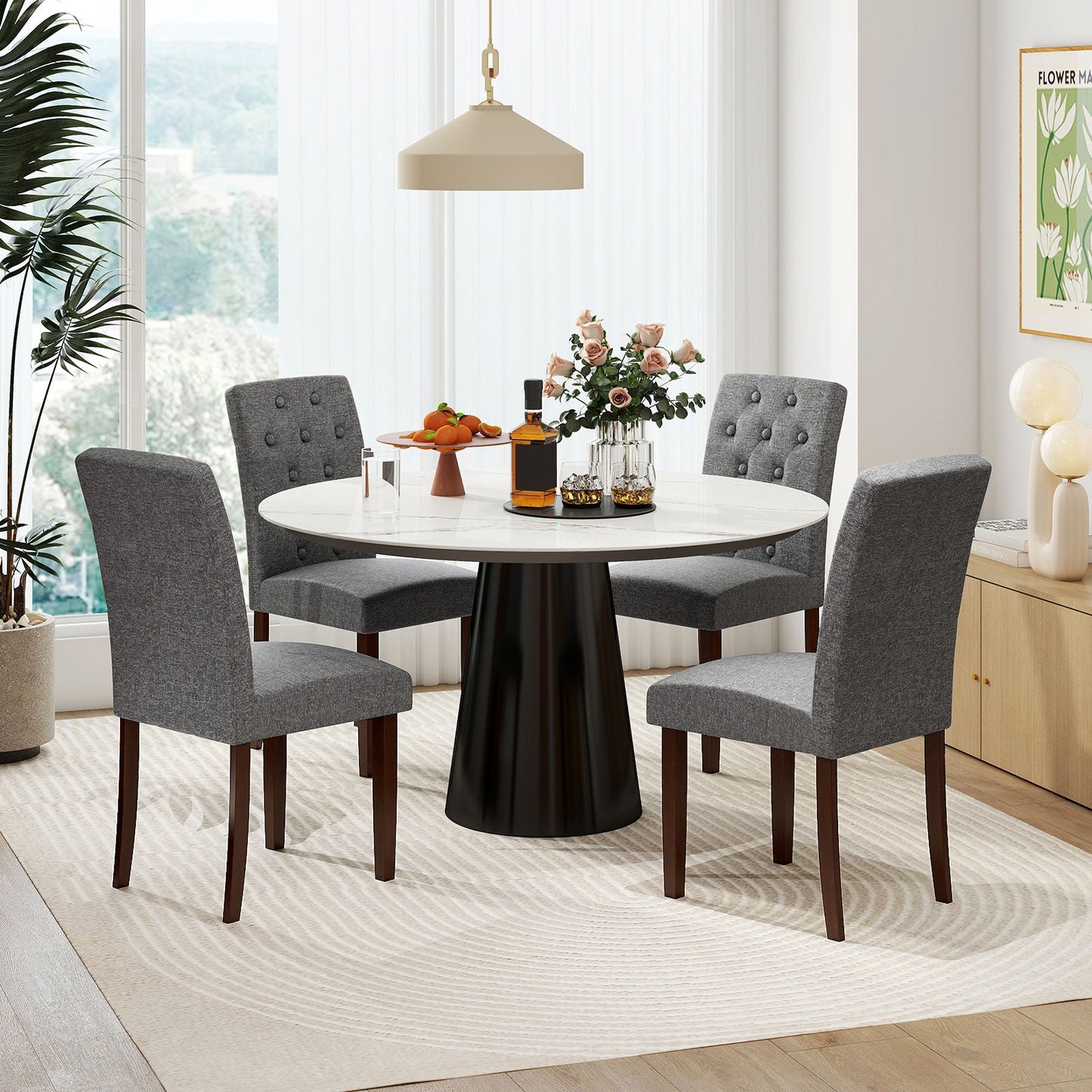 Button Tufted Fabric Upholstered Wooden Dining Chair Set of 2 with High Curved Back