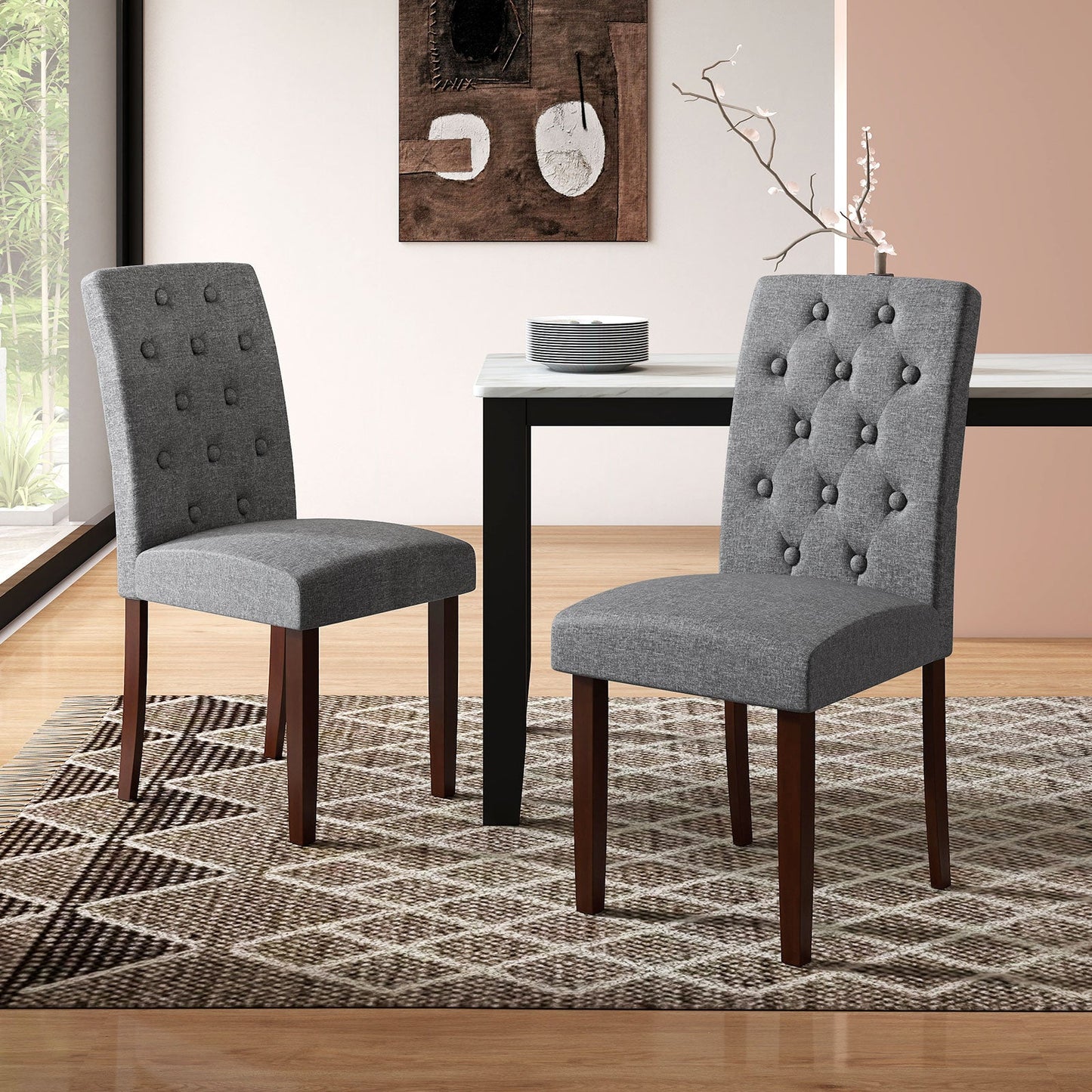 Button Tufted Fabric Upholstered Wooden Dining Chair Set of 2 with High Curved Back
