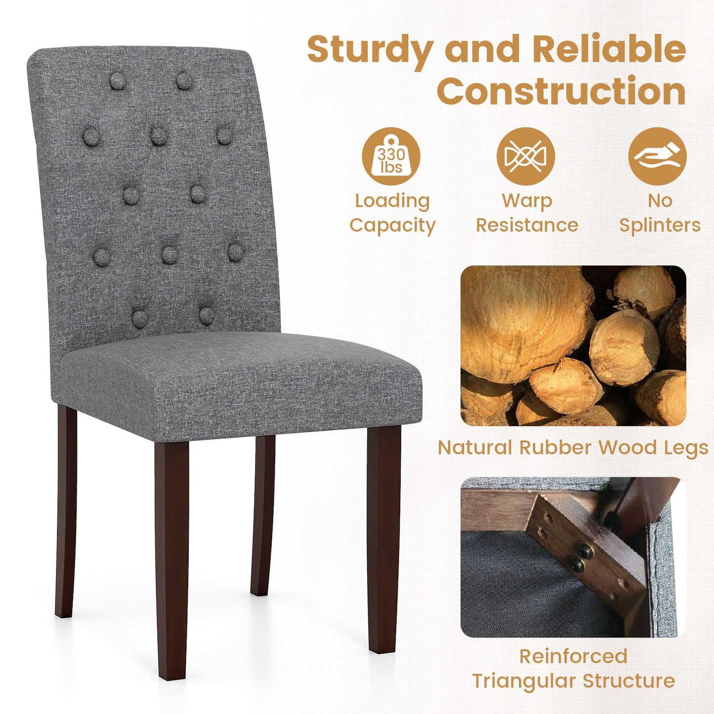Button Tufted Fabric Upholstered Wooden Dining Chair Set of 2 with High Curved Back