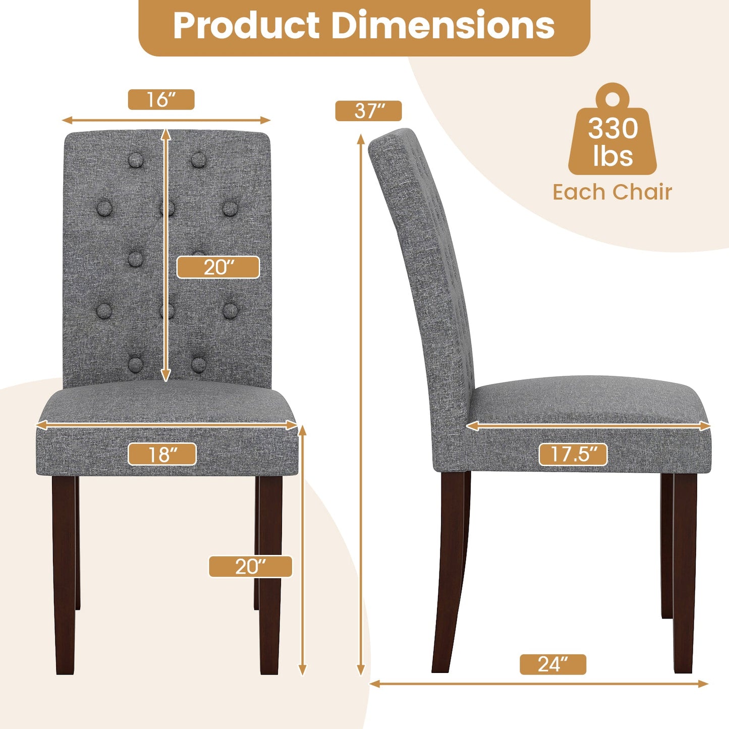 Button Tufted Fabric Upholstered Wooden Dining Chair Set of 2 with High Curved Back
