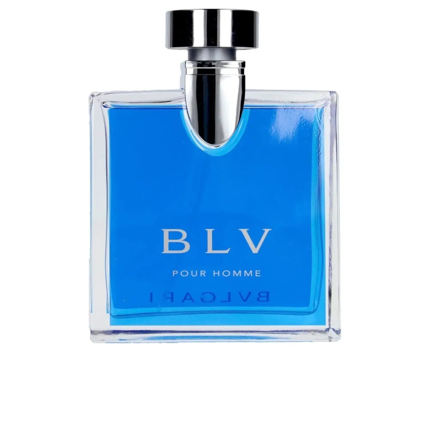 BVLGARI BLV Pour Homme eau de toilette bottle with blue liquid, rectangular glass, silver cap on Tampa Home & Garden Store