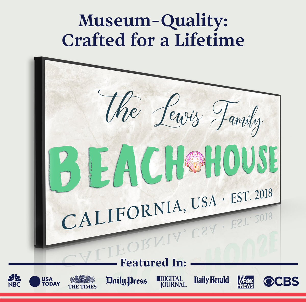 Beach House Sign III canvas wall art with teal BEACH HOUSE lettering and seashell icon on Tampa Home & Garden Store