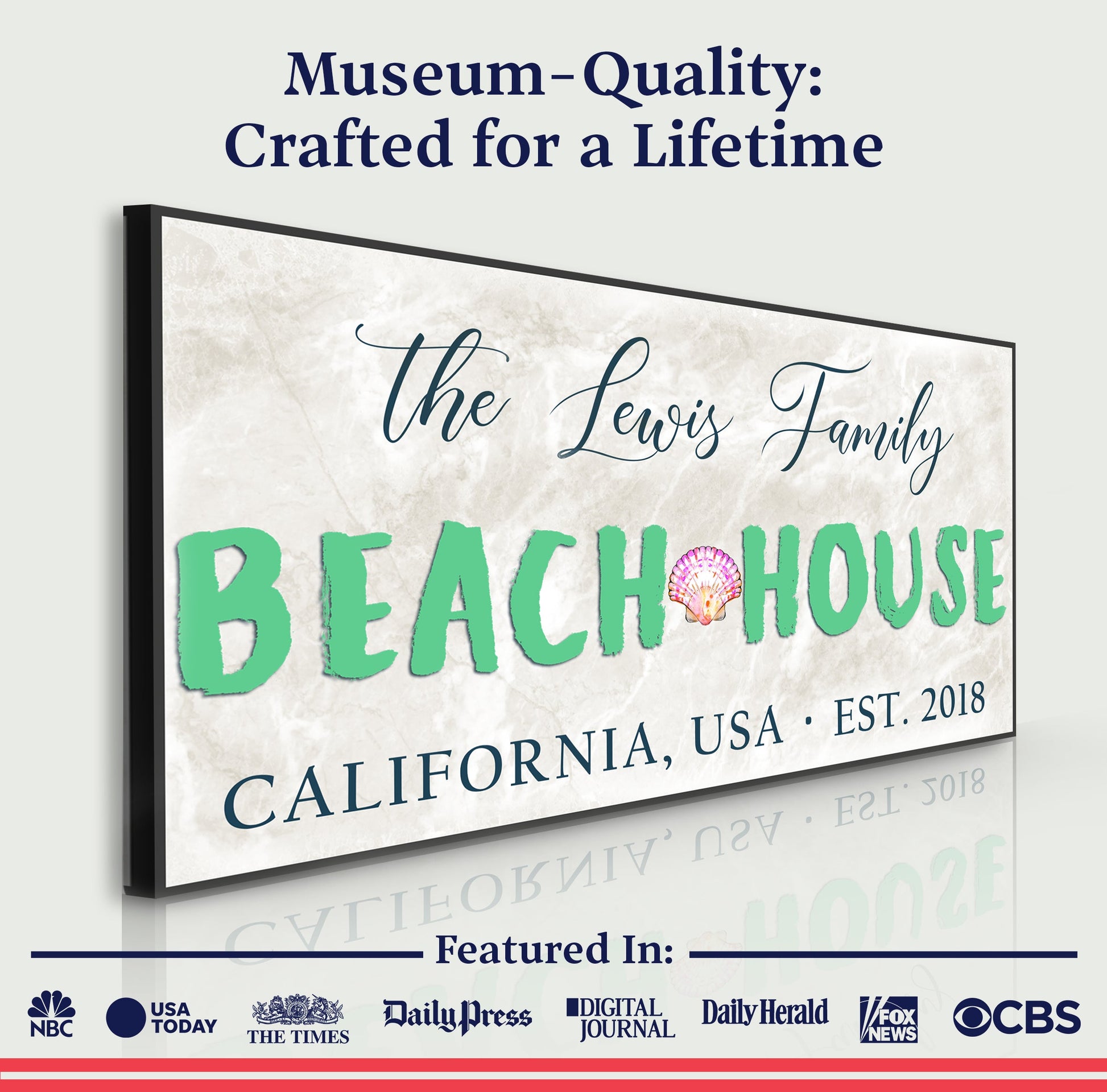Beach House Sign III canvas wall art with teal BEACH HOUSE lettering and seashell icon on Tampa Home & Garden Store