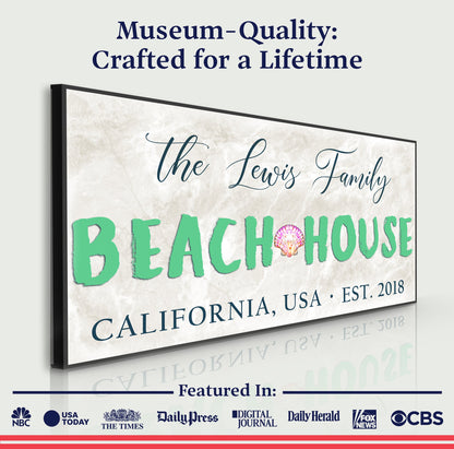 Beach House Sign III canvas wall art with teal BEACH HOUSE lettering and seashell icon on Tampa Home & Garden Store