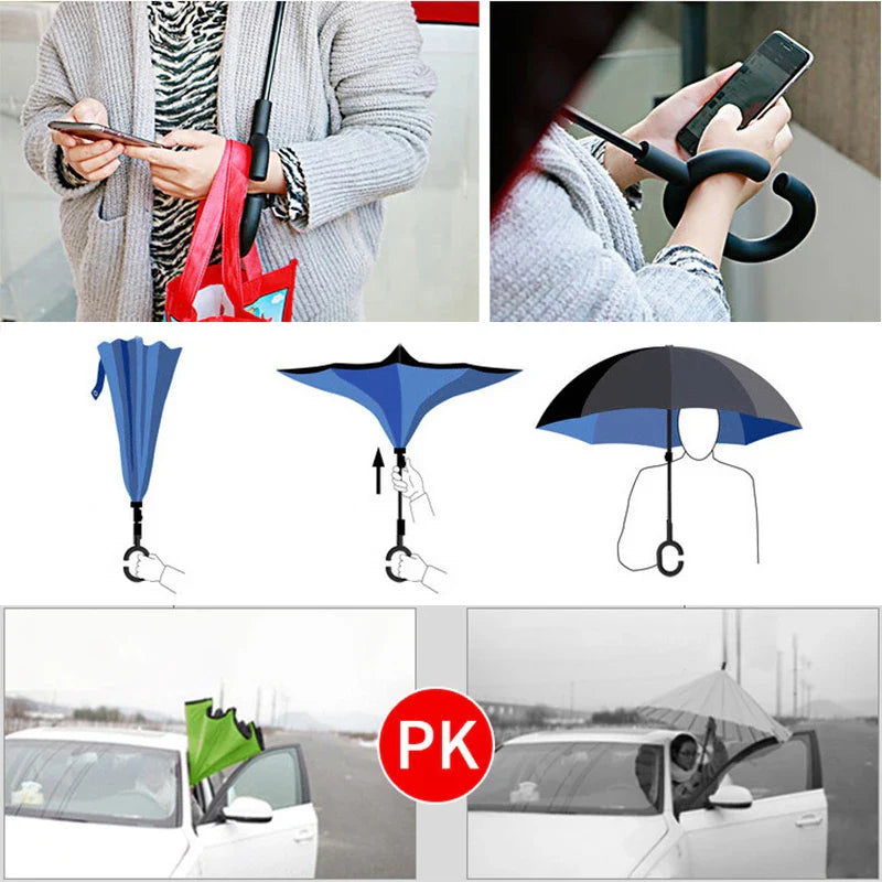 C Handle Windproof Reverse Folding Umbrella Man Women Sun Rain Car Inverted Umbrellas - Tampa Home & Garden Store