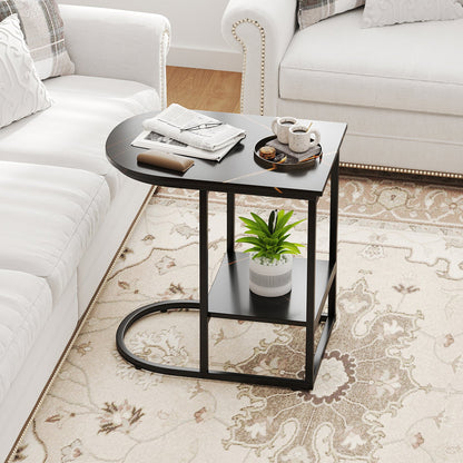 Mesa auxiliar de sofá moderna en forma de C con superficie de mármol sintético y estante de almacenamiento - Negro