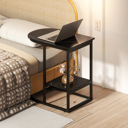 Mesa auxiliar de sofá moderna en forma de C con superficie de mármol sintético y estante de almacenamiento - Negro