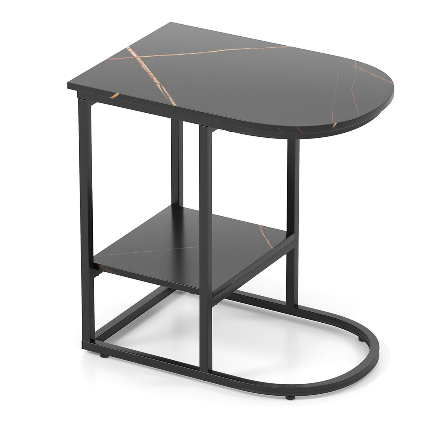 Mesa auxiliar de sofá moderna en forma de C con superficie de mármol sintético y estante de almacenamiento - Negro