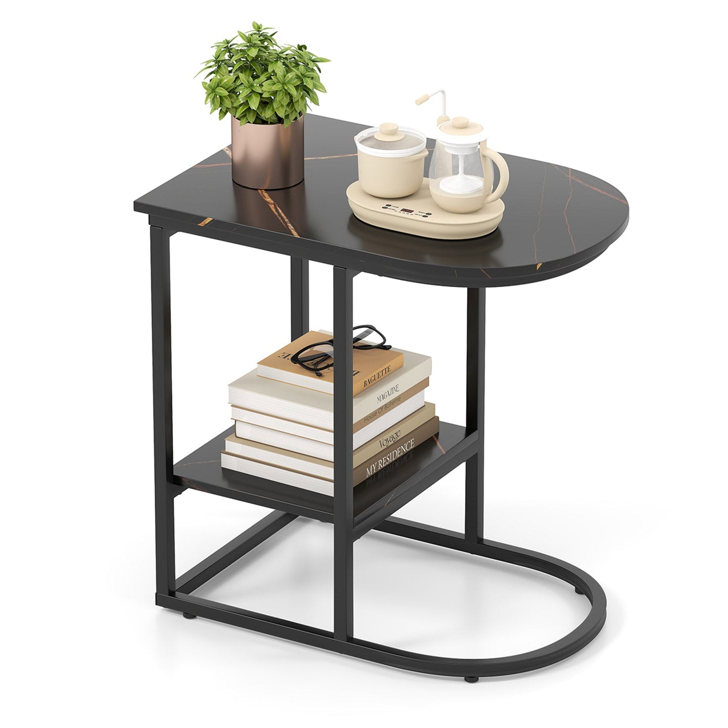 Mesa auxiliar de sofá moderna en forma de C con superficie de mármol sintético y estante de almacenamiento - Negro
