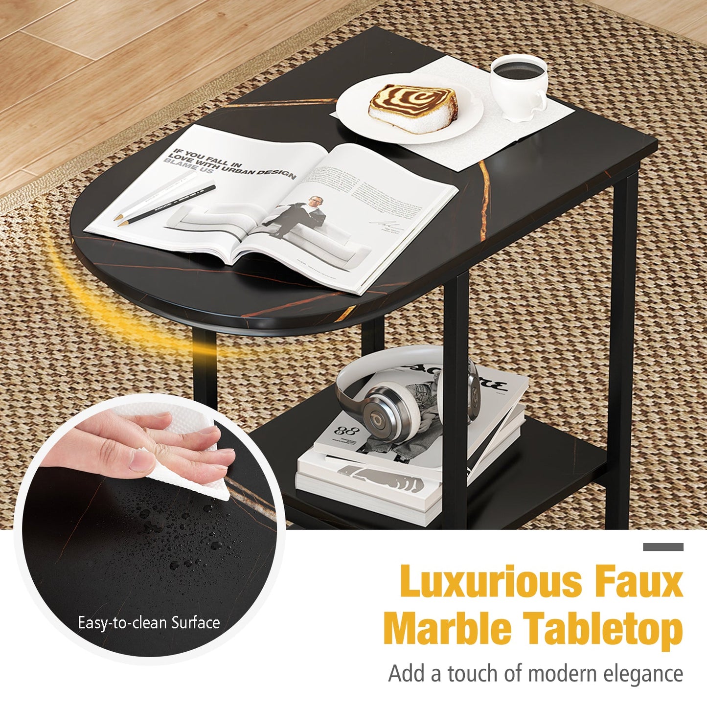 Mesa auxiliar de sofá moderna en forma de C con superficie de mármol sintético y estante de almacenamiento - Negro