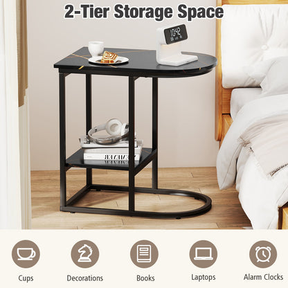 Mesa auxiliar de sofá moderna en forma de C con superficie de mármol sintético y estante de almacenamiento - Negro
