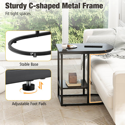 Mesa auxiliar de sofá moderna en forma de C con superficie de mármol sintético y estante de almacenamiento - Negro