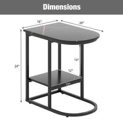 Mesa auxiliar de sofá moderna en forma de C con superficie de mármol sintético y estante de almacenamiento - Negro