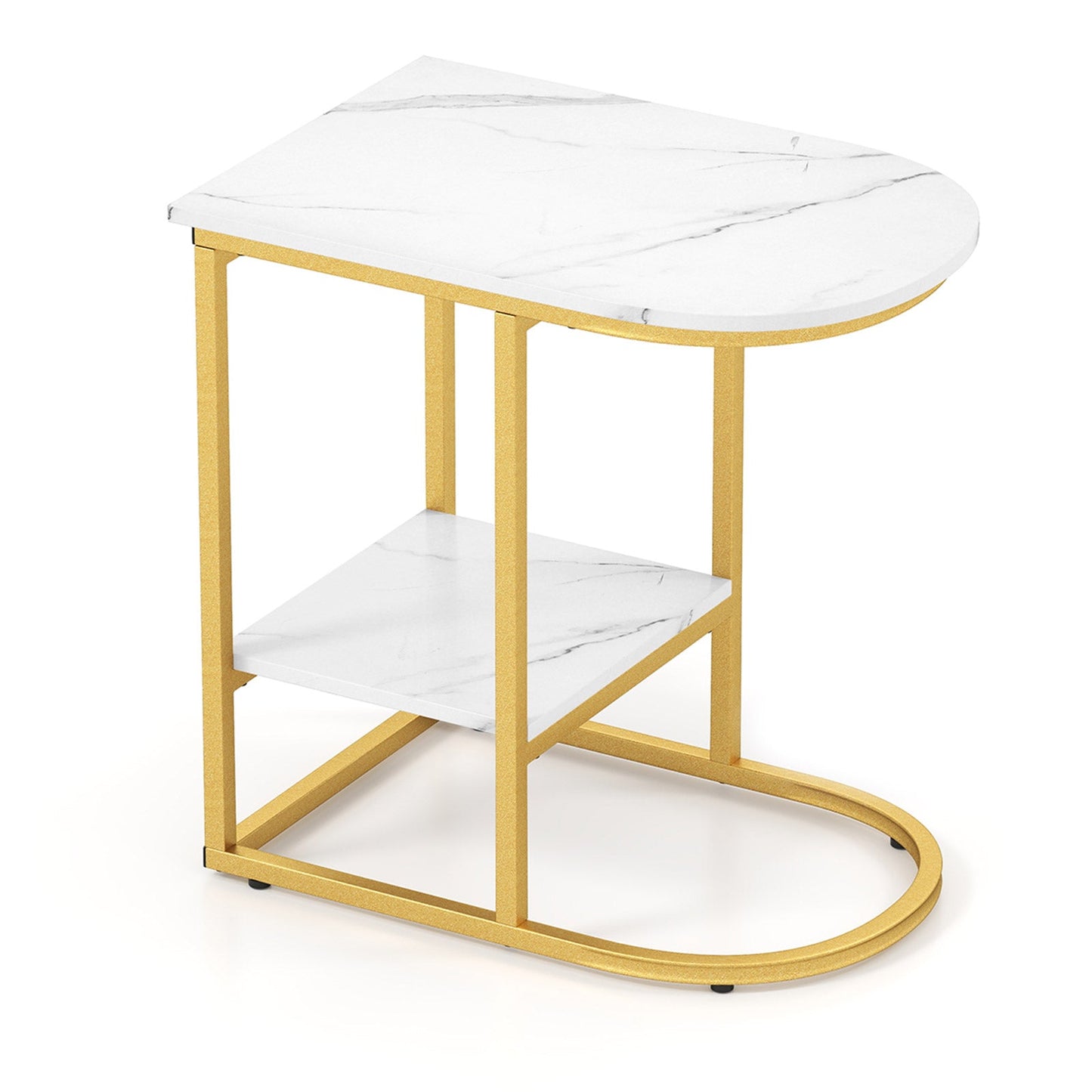Mesa auxiliar de sofá moderna en forma de C con superficie de mármol sintético y estante de almacenamiento - Negro