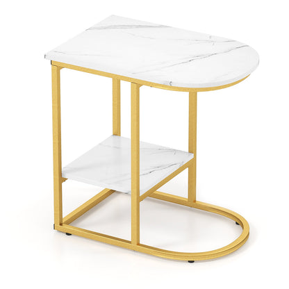 Mesa auxiliar de sofá moderna en forma de C con superficie de mármol sintético y estante de almacenamiento - Negro