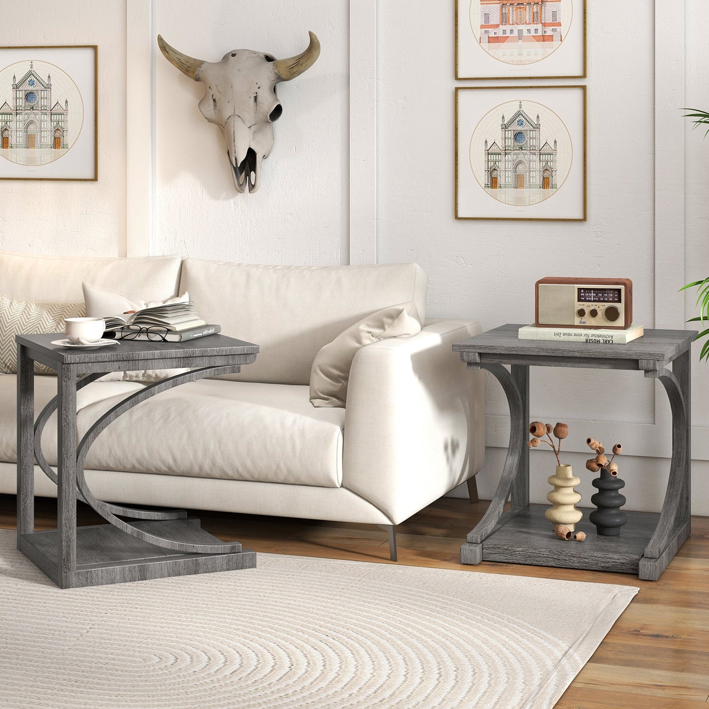 Mesa auxiliar de sofá con diseño en C de 24 pulgadas y 2 niveles para sala de estar, color gris