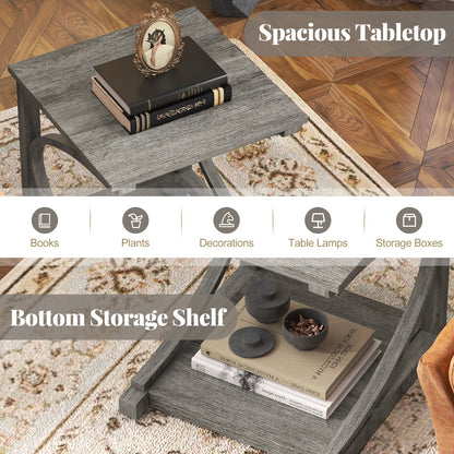 Mesa auxiliar de sofá con diseño en C de 24 pulgadas y 2 niveles para sala de estar, color gris