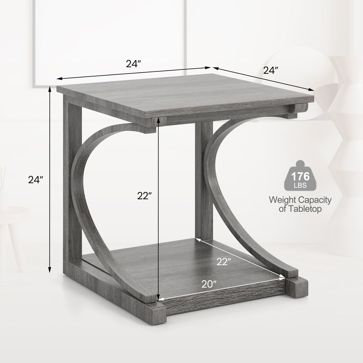 Mesa auxiliar de sofá con diseño en C de 24 pulgadas y 2 niveles para sala de estar, color gris