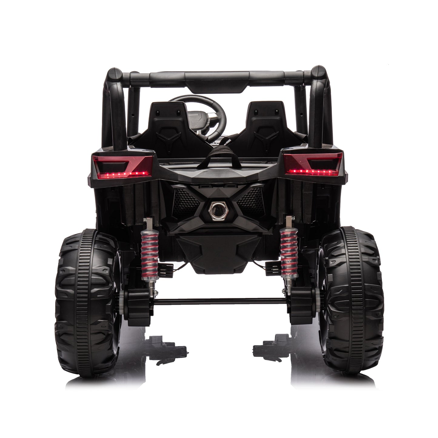 Side-by-side 4x4 ride-on off-road truck dual-seat black body with rugged tires on Tampa Home & Garden Store
