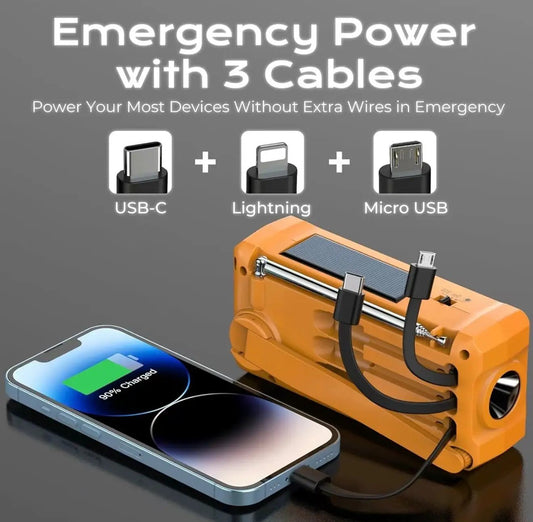 OutagePro Emergency Radio orange solar-powered unit USB-C and Micro USB cables charges a phone on Tampa Home & Garden Store