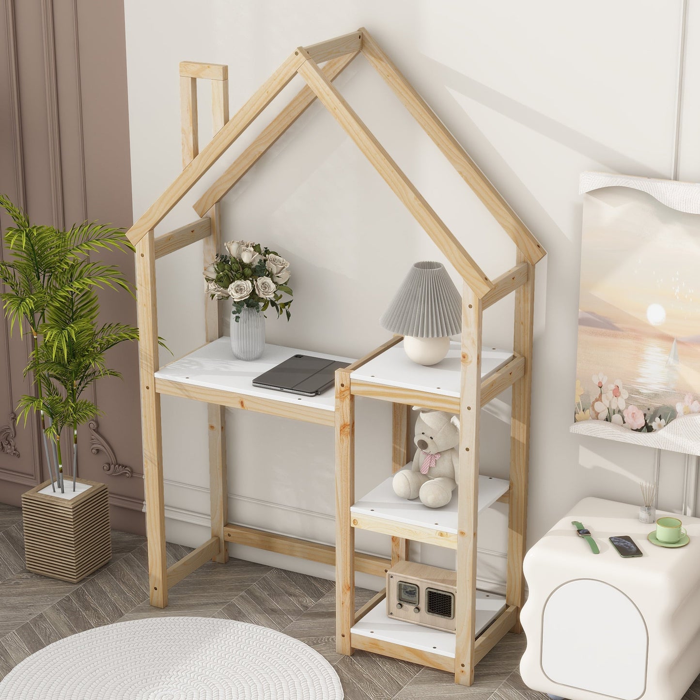 House-shaped Wooden writing Desk Kids study Table Bookshelf & Toy Storage Natural - Tampa Home & Garden Store