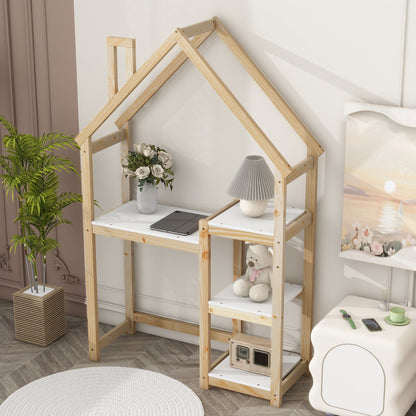House-shaped Wooden writing Desk Kids study Table Bookshelf & Toy Storage Natural - Tampa Home & Garden Store