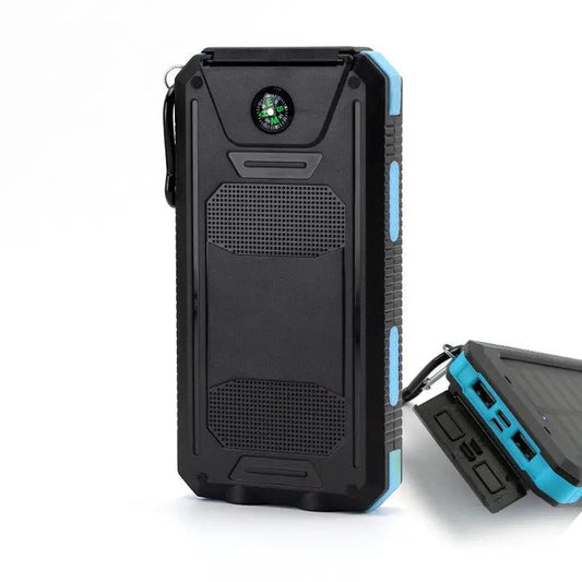 Waterproof solar power bank with compass, 20000mAh, rugged black two-piece set with blue accents on Tampa Home & Garden Store