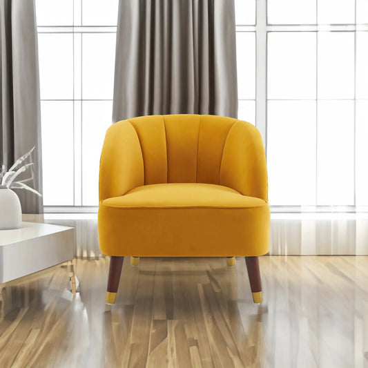 Upholstered barrel chair yellow with wooden legs in a bright living room setting on Tampa Home & Garden Store