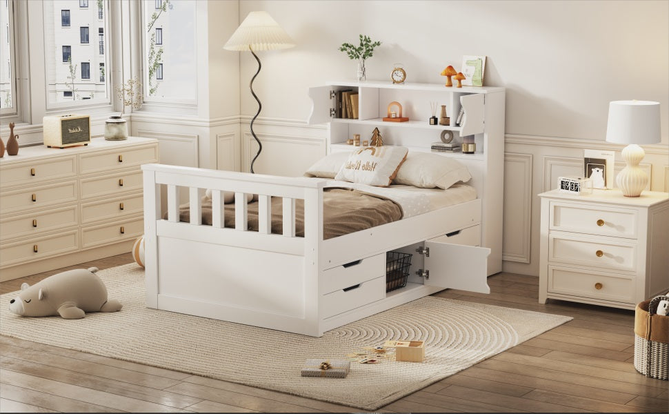 Twin Size Captain Platform Bed Frame with Storage Bookcases and Shelves,Four Drawers,White - Tampa Home & Garden Store