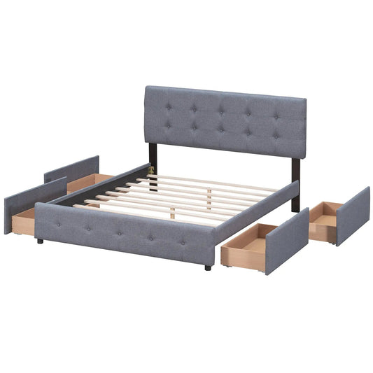 Queen size upholstered platform bed with gray tufted headboard and built-in wooden drawers on Tampa Home & Garden Store
