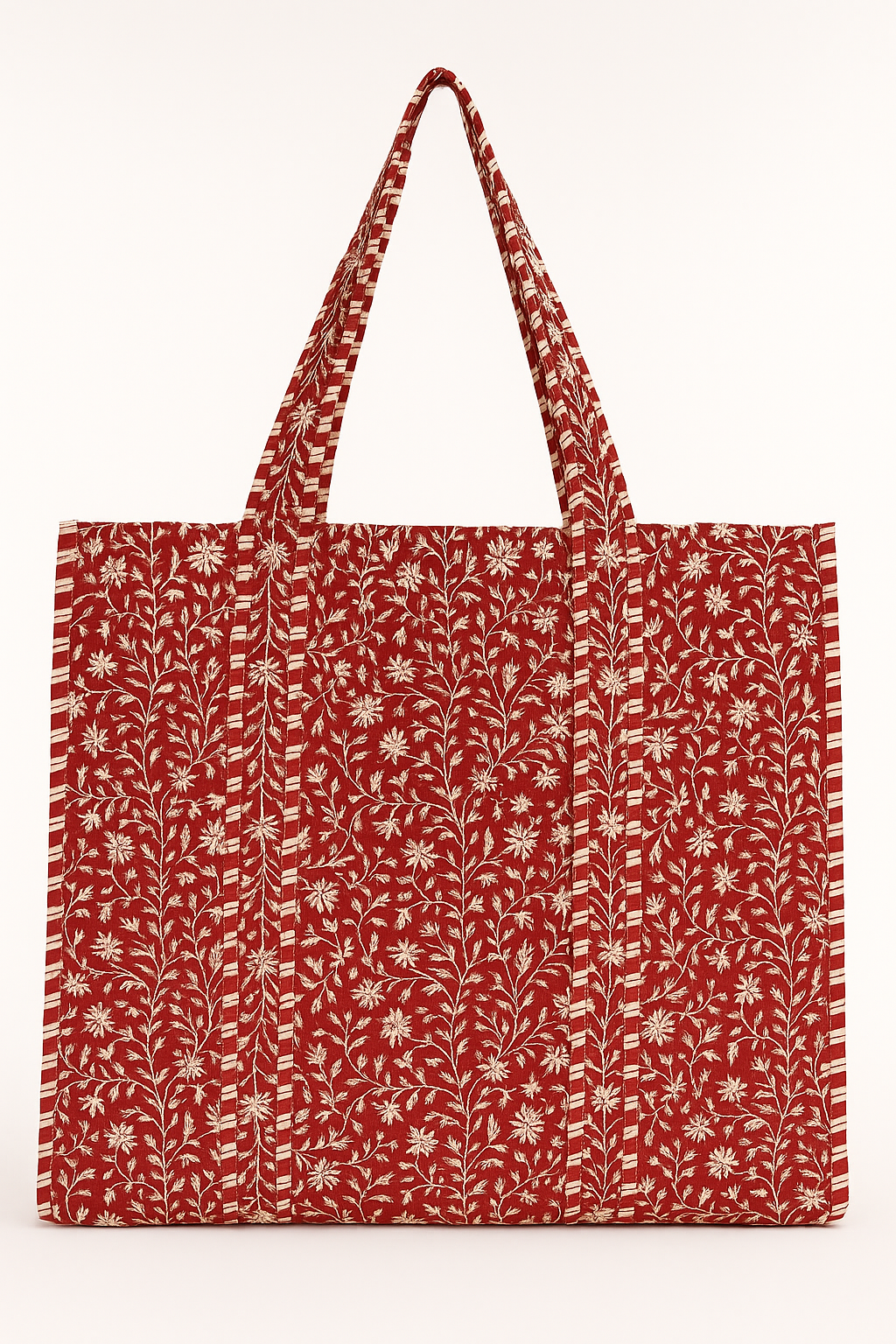 Crimson Bloom Tote bag in red with white floral print and striped trim by Erin Donahue Tice on Tampa Home & Garden Store