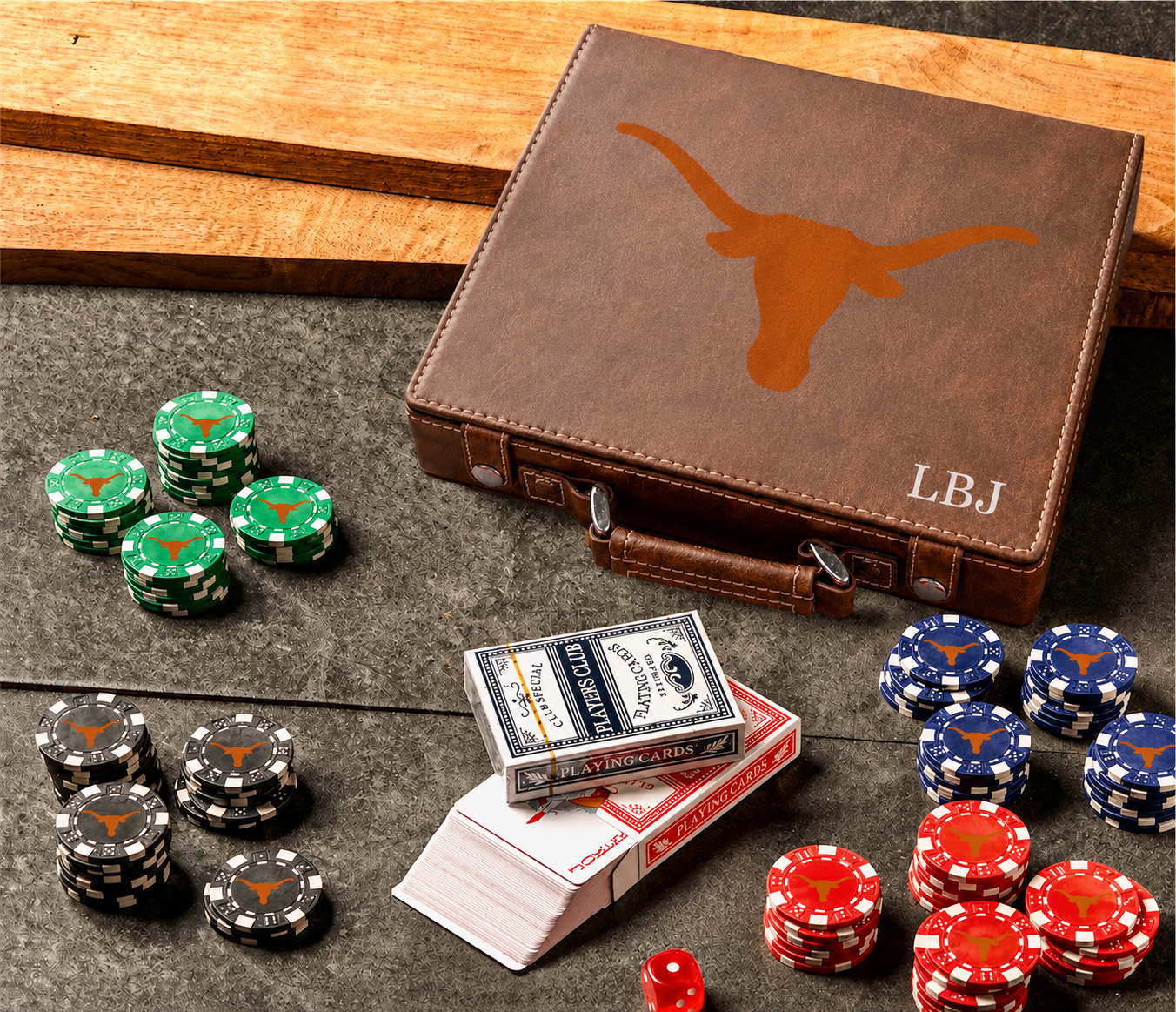 Texas Longhorn 100 Chip Poker Set in brown leather case with LBJ logo and mixed chips on Tampa Home & Garden Store