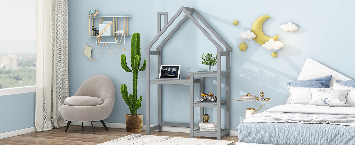 House-shaped Wooden writing Desk,Kids study Table,Bookshelf & Toy Storage,Grey - Tampa Home & Garden Store