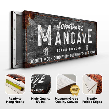 Good Times Man Cave sign canvas wall art by Tailored Canvases with rusted metal texture on Tampa Home & Garden Store