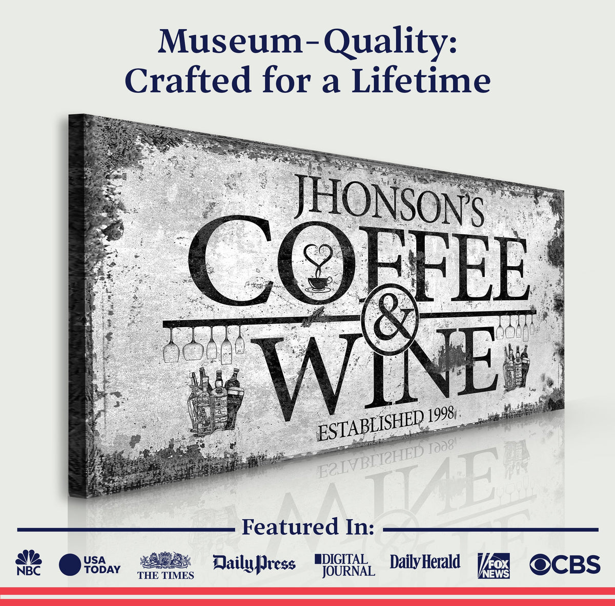 Coffee and Wine Sign canvas by Tailored Canvases with vintage print and beverage icons on Tampa Home & Garden Store