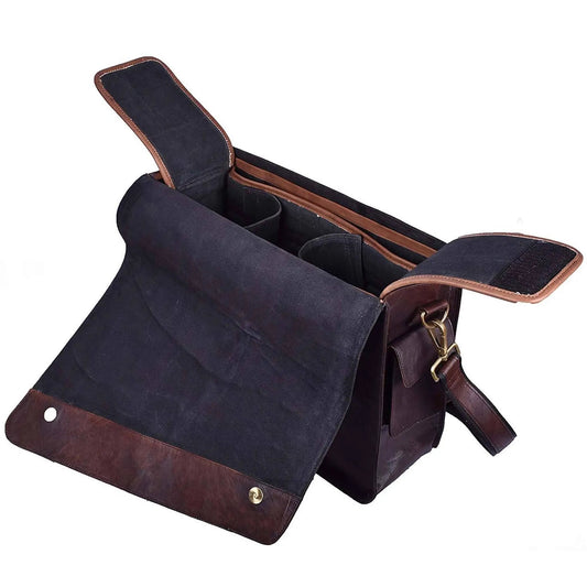 Finch Leather Camera Bag for DSLR Professionals; navy canvas with brown leather trim on Tampa Home & Garden Store