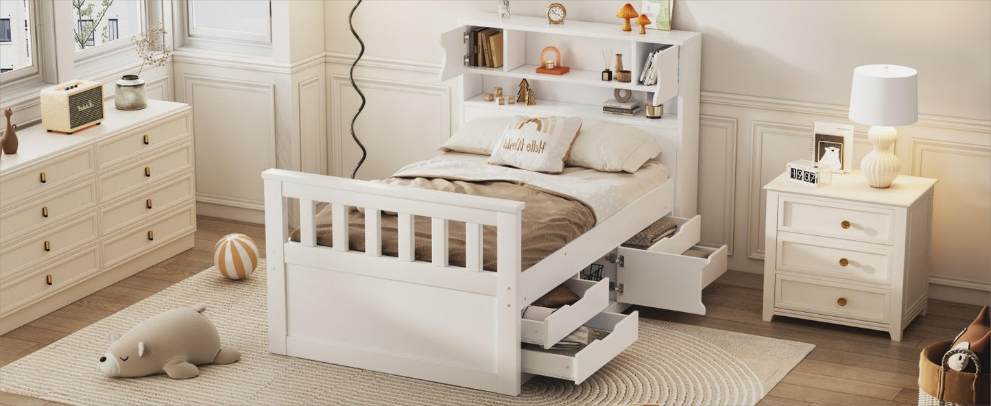 Twin Size Captain Platform Bed Frame with Storage Bookcases and Shelves,Four Drawers,White - Tampa Home & Garden Store