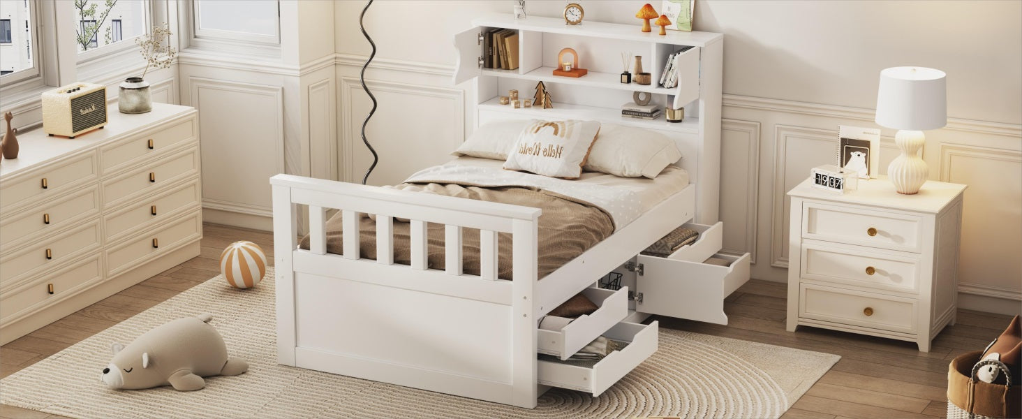 Twin Size Captain Platform Bed Frame with Storage Bookcases and Shelves,Four Drawers,White - Tampa Home & Garden Store
