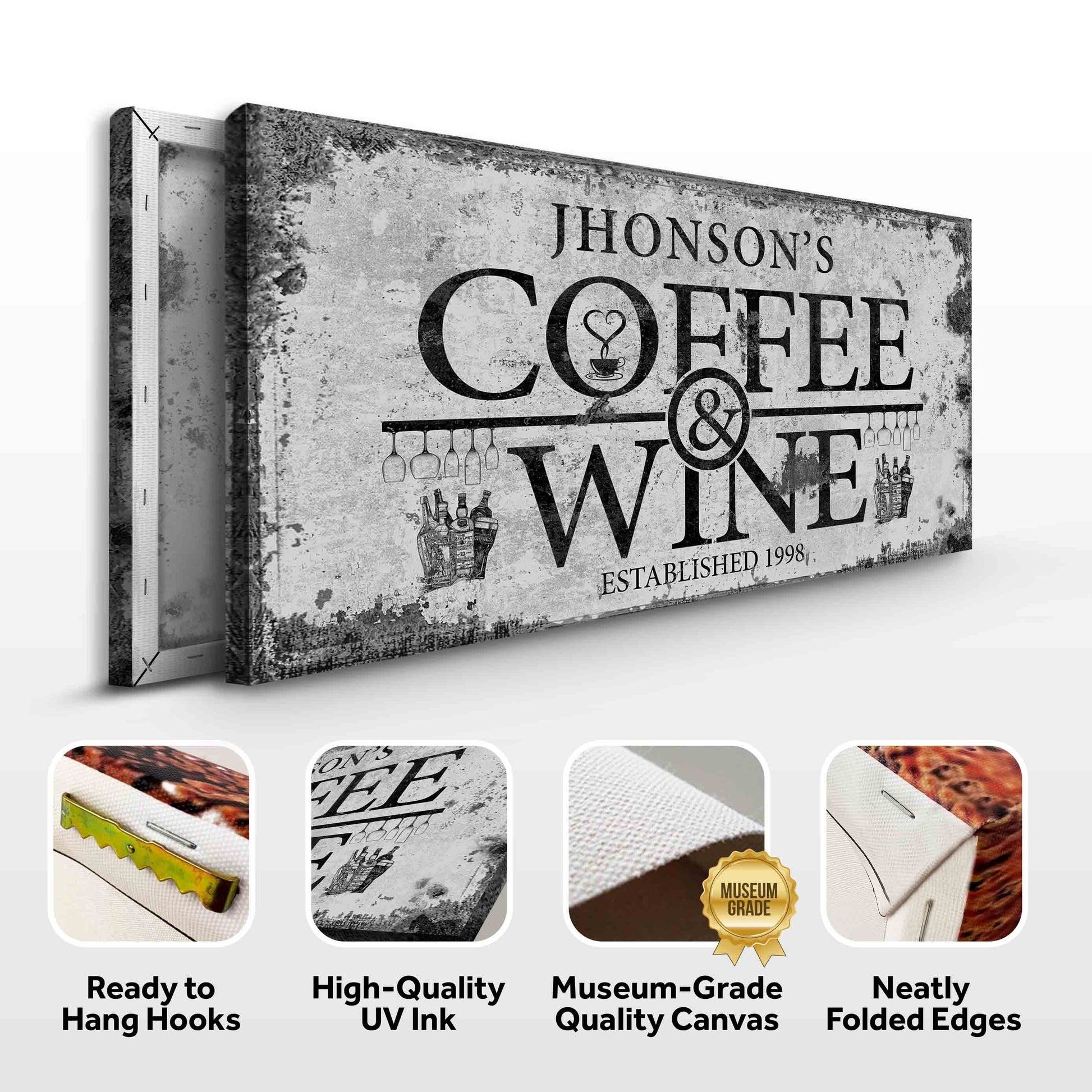 Coffee and Wine Sign canvas wall art, vintage grayscale design by Tailored Canvases on Tampa Home & Garden Store