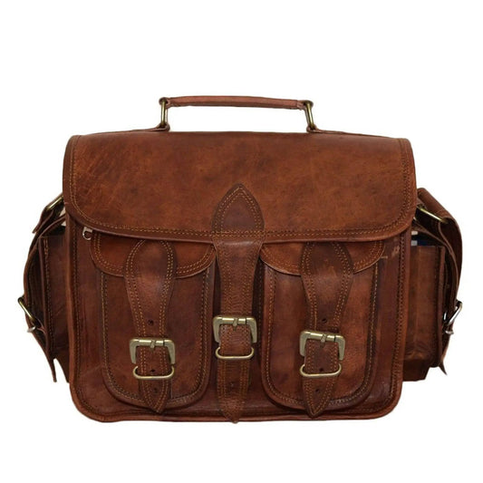 Pedro Camera Satchel Leather Messenger Bag, brown leather with brass buckles and top handle on Tampa Home & Garden Store