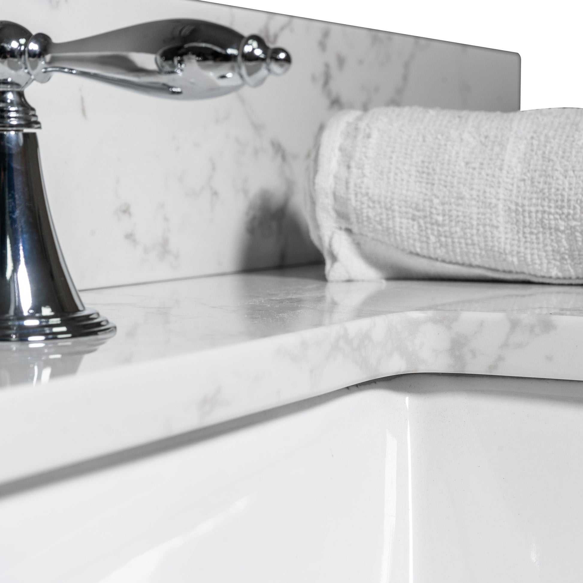 Montary vanity top Carrara white engineered stone with chrome faucet and towel on marble on Tampa Home & Garden Store