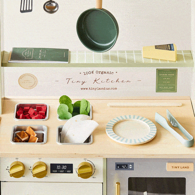Tiny Land BistroSwitch Play Kitchen wooden countertop with metal pans & veggie pieces on Tampa Home & Garden Store