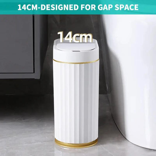 White ribbed touchless sensor trash can with lid and gold trim on Tampa Home & Garden Store