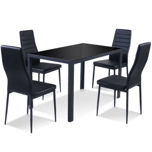 Juego de comedor de 5 piezas con mesa de cristal negro y sillas de cuero suave