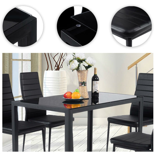 Juego de comedor de 5 piezas con mesa de cristal negro y sillas de cuero suave